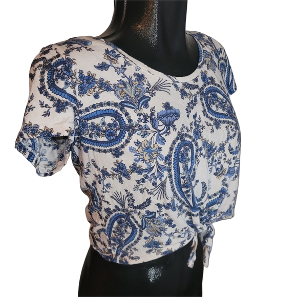 H&M Blue and White Floral Paisley Cropped Short Sleeve Top - Picture 2 of 5